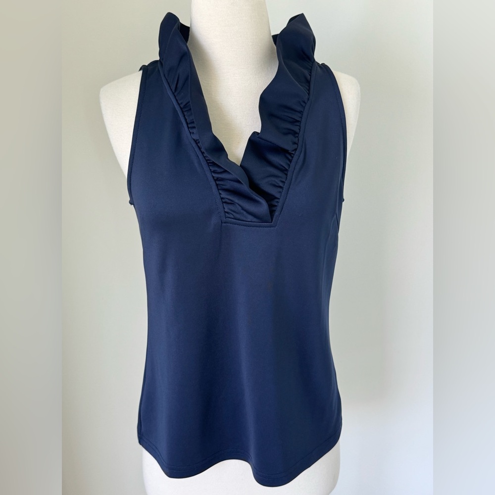 Gretchen Scott Ruffle Neck Blouse Navy Blue Sleeveless Women's Size XS